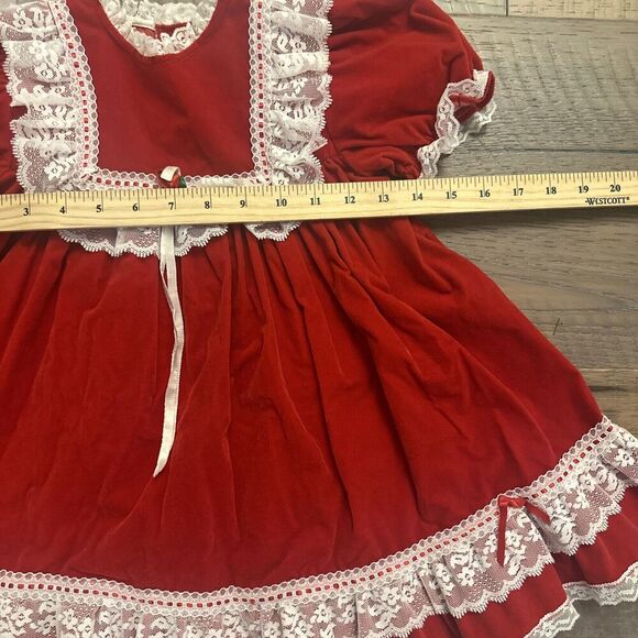 VTG 80s Velvet Bib Holiday Dress Sz 6X Red White Lace Rosette Puff Sleeve Santa - Picture 10 of 15
